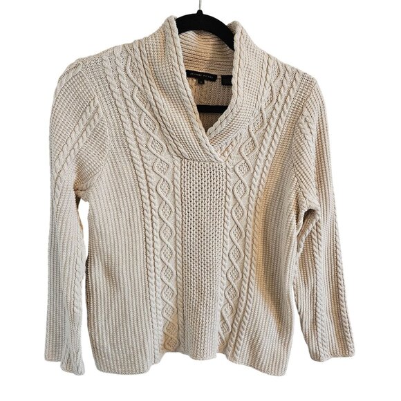 Jeanne Pierre Fisherman Knit Woman Sweater Size L Shawl V Neck Cotton Ivory - Picture 1 of 5